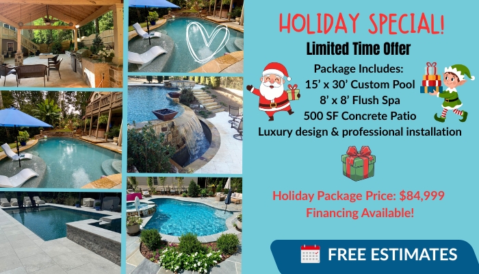 Collage of custom pool and spa photos with text detailing a holiday special offer for pool installation, price of $84,999, and mention of free estimates and financing.