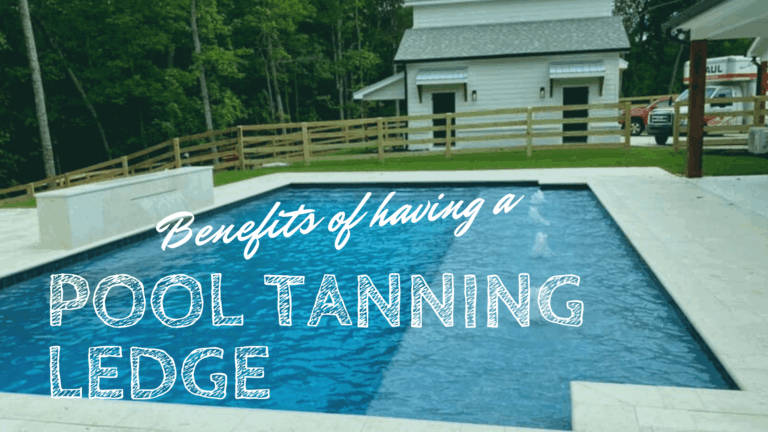 Rectangular backyard tanning ledge pool with a shallow sun shelf, surrounded by a stone deck; a house and trees are visible in the background. Text overlays highlight pool tanning ledge benefits.