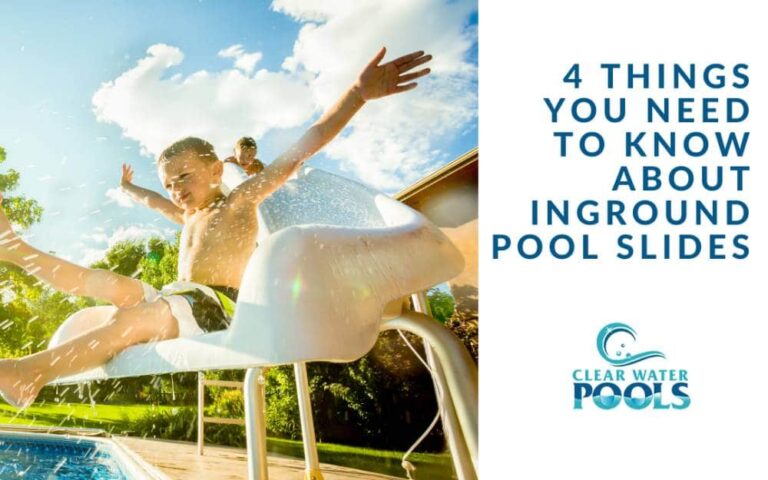 A boy slides down an inground pool slide into the water on a sunny day. Text reads: "4 Things You Need to Know About Inground Pool Slides - Clear Water Pools." Discover fun and safety tips for the best pool slides!.