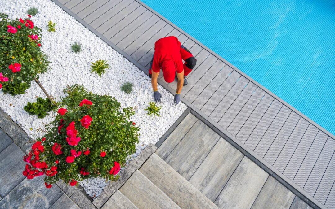 A person in a red shirt is engaged in poolside gardening, tending to plants near a pool deck adorned with white pebbles and vibrant red flowers, all seen from an overhead perspective.