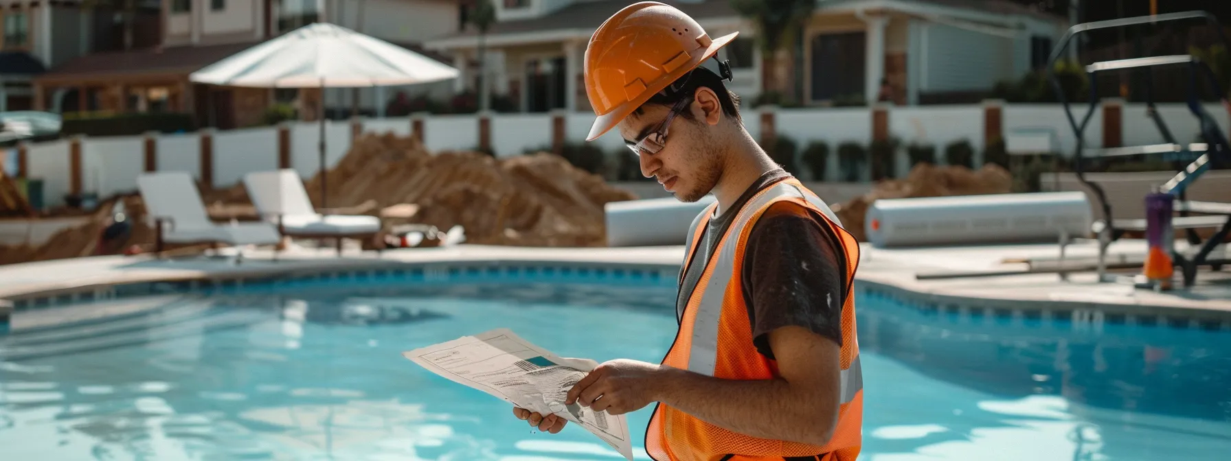 a construction worker carefully examining a permit on a sunny day, surrounded by a half-dug inground pool and safety signage.