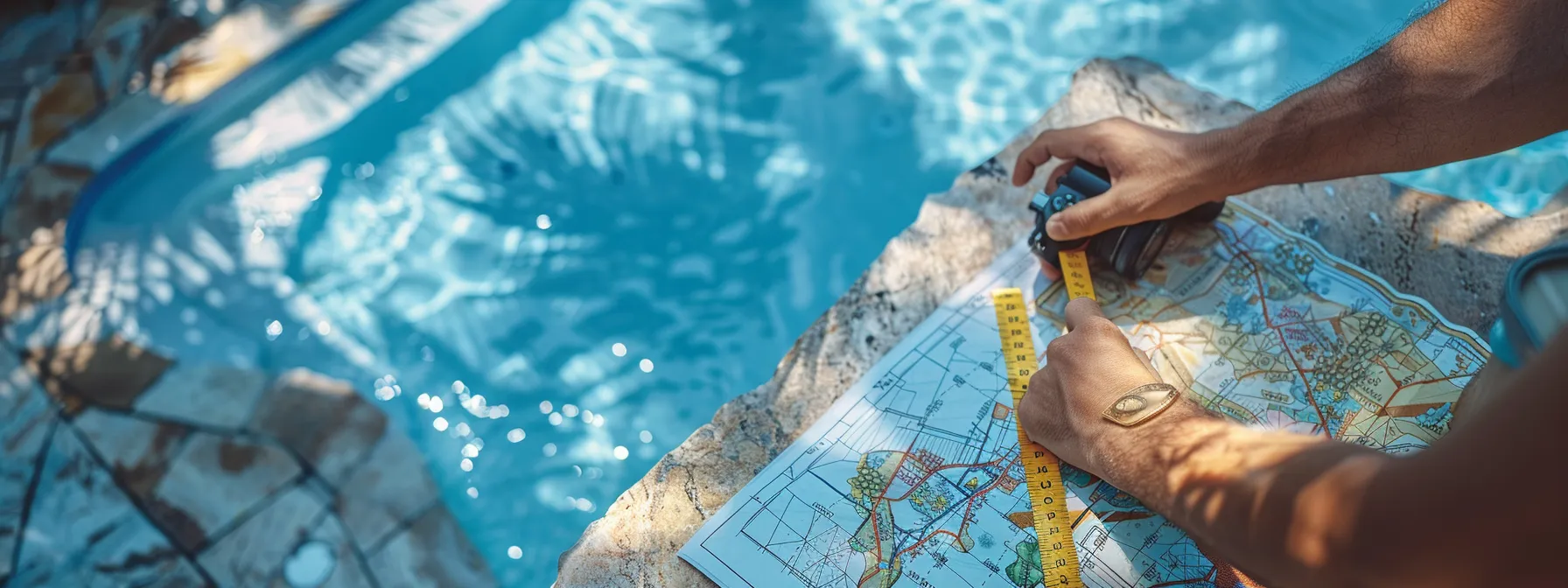 a person measuring the distance between a pool and property line, surrounded by a tape measure, blueprints, and a map of local zoning laws.