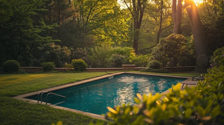 a vibrant spring scene showcases a pristine swimming pool surrounded by lush greenery in cherokee county, where essential maintenance tools are thoughtfully arranged, capturing the essence of pool care in a bright, sunlit atmosphere.
