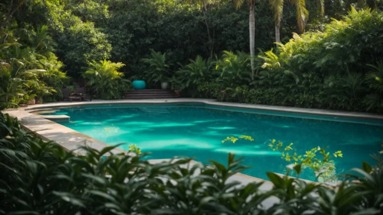 a vibrant, sunlit swimming pool with shimmering turquoise water, surrounded by lush greenery, highlights the need for thorough assessment and rejuvenation in pool resurfacing.
