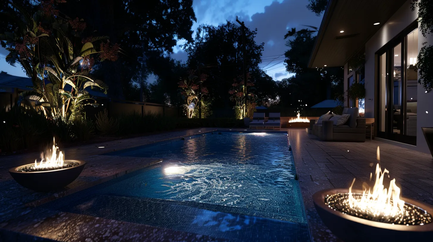 An elegant Cumming backyard, with a saltwater pool illuminated by soft LED lights. Fire bowls and cozy seating complete the upscale vibe.