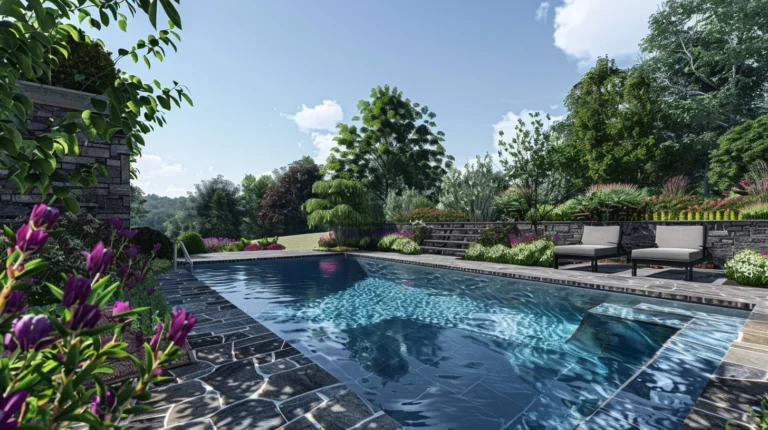 A saltwater pool with a view of Cumming’s rolling hills, blending into the North Georgia landscape. Custom pool design with local stone (like Georgia fieldstone) and native plants (dogwood, azaleas).