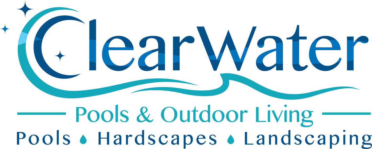 ClearWater logo with stylized text, water wave graphic, and tagline: "Pools & Outdoor Living - Pools, Hardscapes, Landscaping.