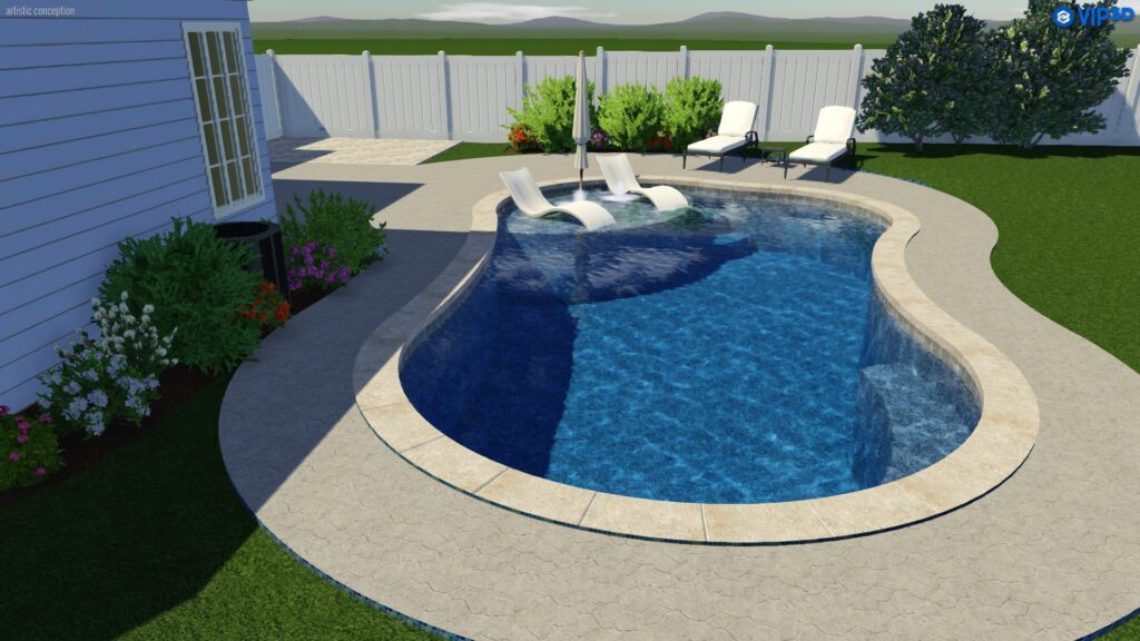 Backyard view of a kidney-shaped swimming pool with two white lounge chairs in the water, a landscaped garden, and white poolside loungers near a white fence.