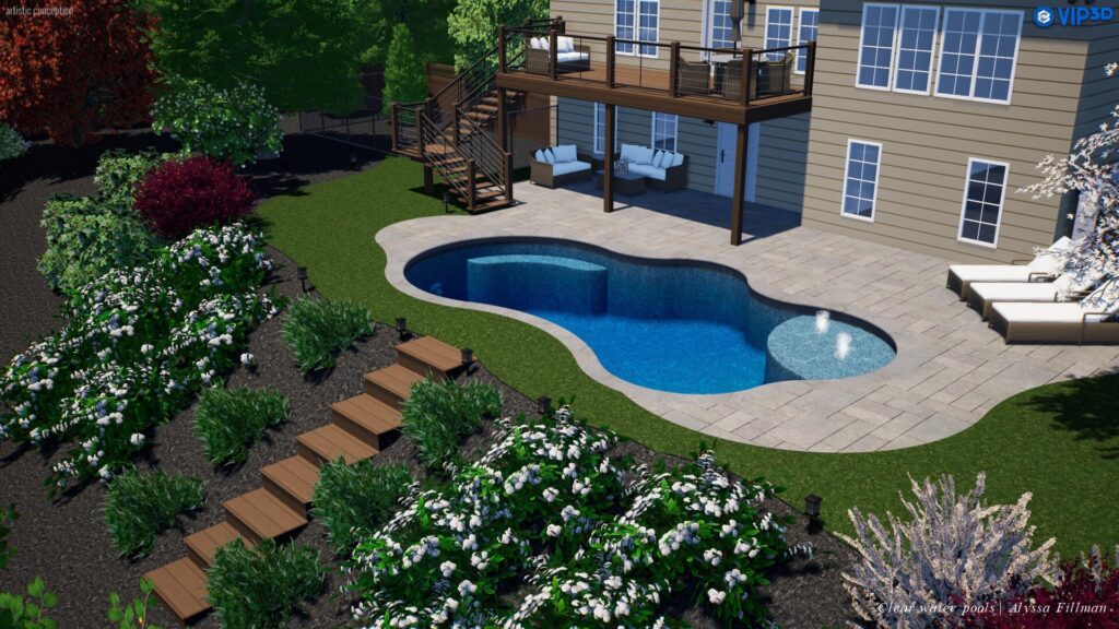 A backyard with a kidney-shaped pool showcasing elegant pool designs, stone patio, wood deck with stairs, outdoor seating, garden beds, and landscaped greenery, perfect for exploring various pool add-on options.