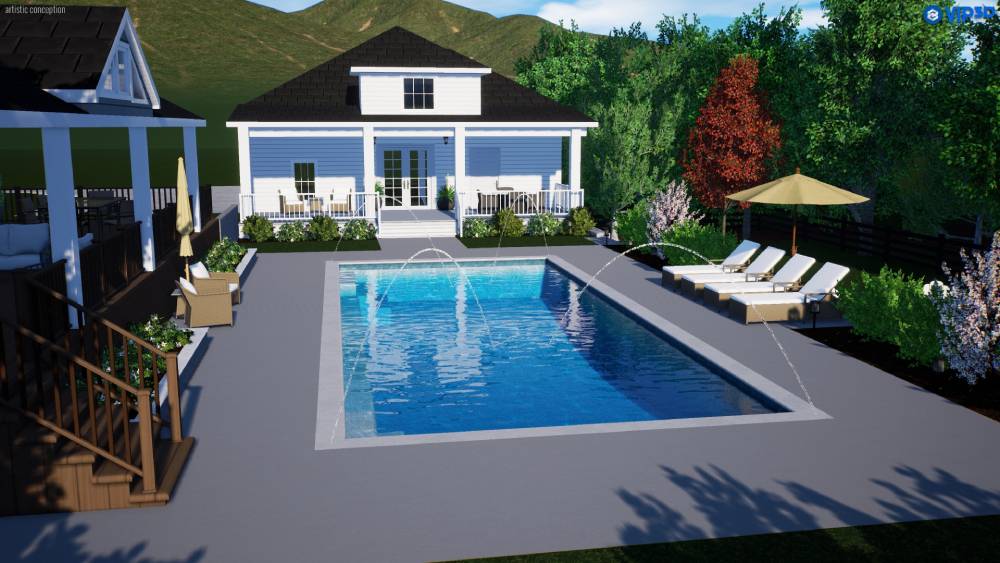 A rectangular backyard pool featuring modern pool designs with water jets, surrounded by lounge chairs, an umbrella, and a white house with a porch, all nestled against lush green hills and trees.