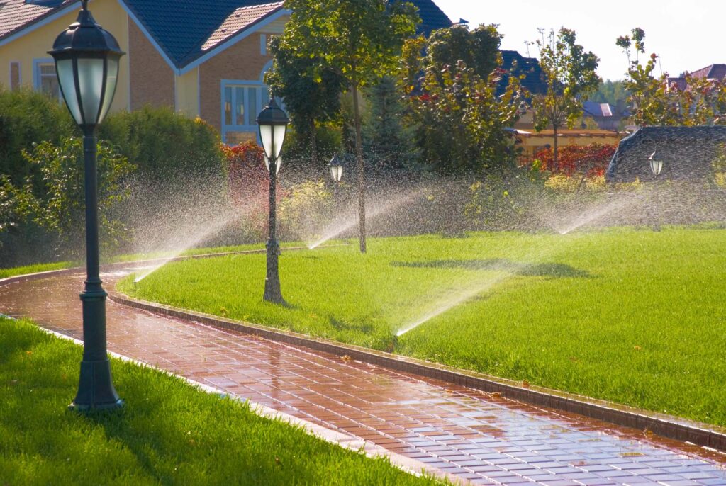 Sprinklers watering a green lawn next to a paved walkway in a residential neighborhood with houses and trees in the background.