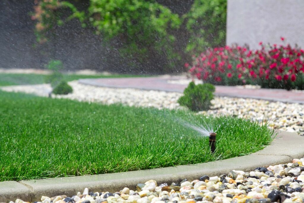 A lawn sprinkler sprays water over green grass bordered by decorative rocks and flower beds, with shrubs and red flowers in the background.