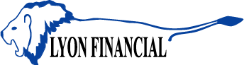 Blue outline of a lion’s head and tail with the words “Lyon Financial” in bold black text to the right of the lion’s mane.