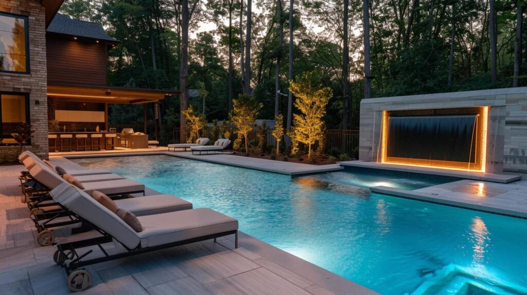 a modern backyard oasis in dawsonville showcases an elegant inground swiipool featuring sleek water features, contemporary lighting, and stylish lounge areas, epitomizing this year’s most sought-after inground swimming pools.