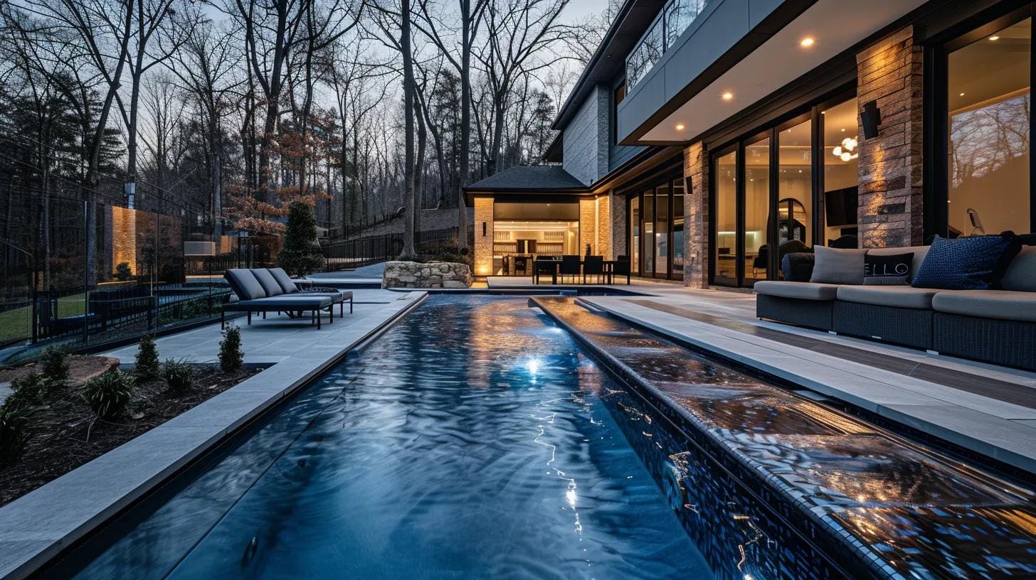 a sleek, modern dawsonville backyard showcases a stunning infinity pool with geometric lines and dark finishes, set against a stylish patio that exudes luxury and contemporary elegance.