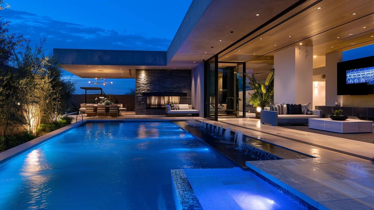 a sleek, modern outdoor pool area in a sophisticated residential setting showcases elegant water features and integrated automated systems, highlighted by ambient lighting that enhances its luxurious appeal.