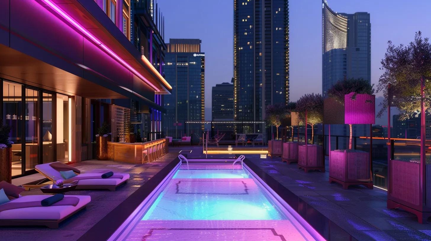 a sleek, modern poolside layout showcases various eco-friendly pool features with vibrant infographics highlighting energy savings, water efficiency, and environmental benefits, all set against a contemporary urban backdrop.