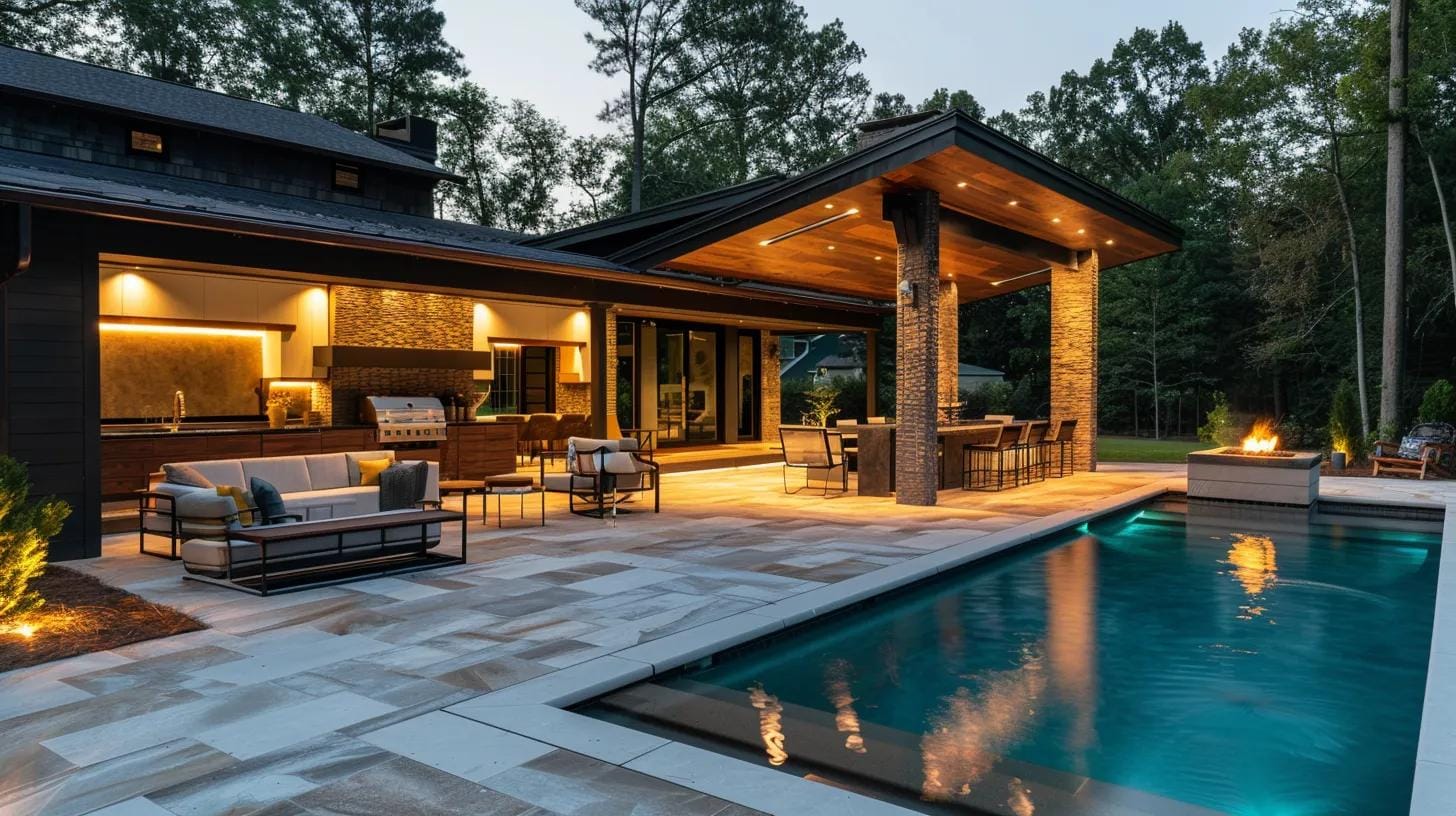 a stylish outdoor living space in dawsonville features a luxurious pool surrounded by a modern outdoor kitchen, elegant seating area with a fire pit, and a chic shade structure, all illuminated by warm evening lights for a welcoming atmosphere.