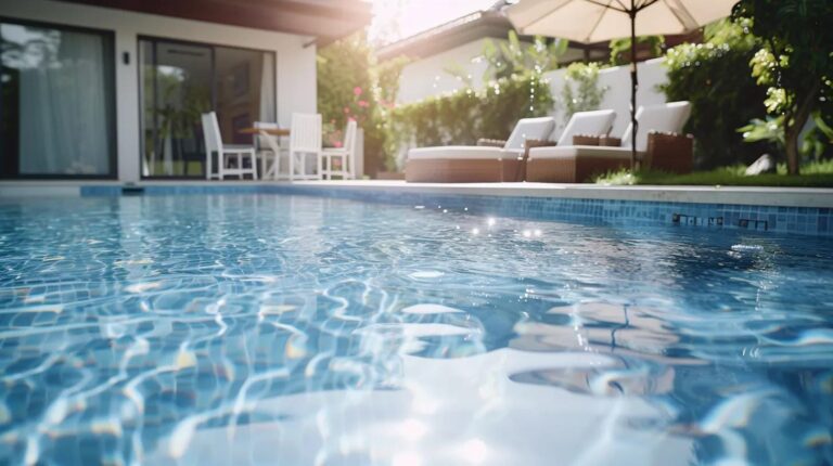 Clear blue swimming pool with sun loungers, umbrella, and patio furniture in a garden setting near a modern house on a sunny day.