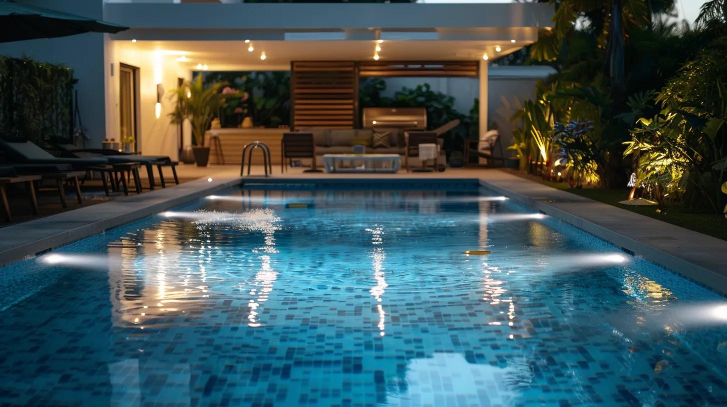 a pristine, vibrant swimming pool gleams under bright overhead lights in a modern backyard setting, surrounded by organized maintenance supplies and tools, conveying the importance of proactive pool care to prevent costly repairs.