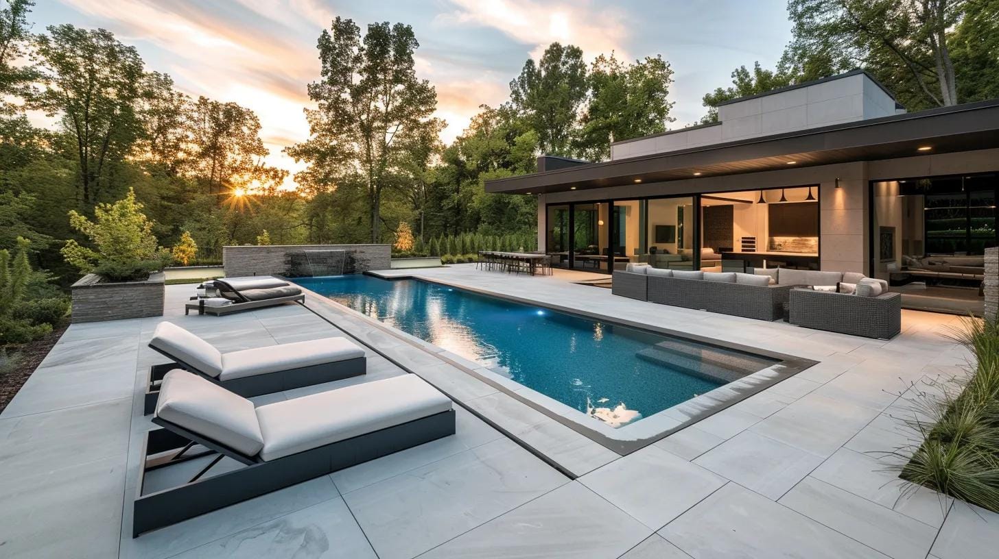 a modern backyard featuring a sleek above-ground pool surrounded by elegant outdoor furniture, emphasizing the contemporary lifestyle of homeowners contemplating its affordability and aesthetic appeal.