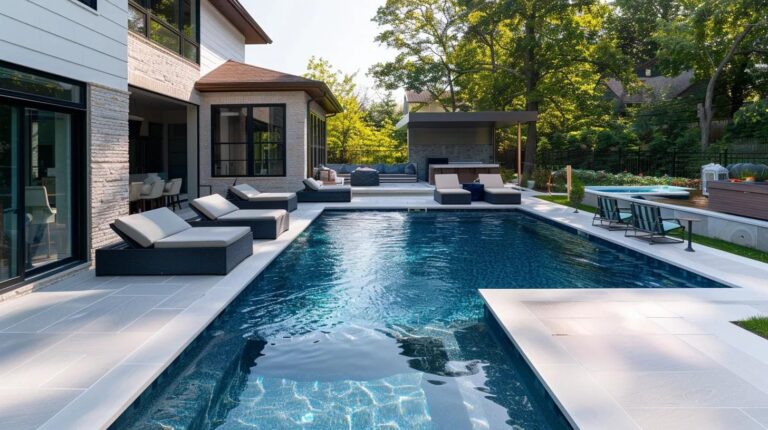 Modern backyard with a rectangular pool, multiple lounge chairs, outdoor seating areas, and lush trees in the background.