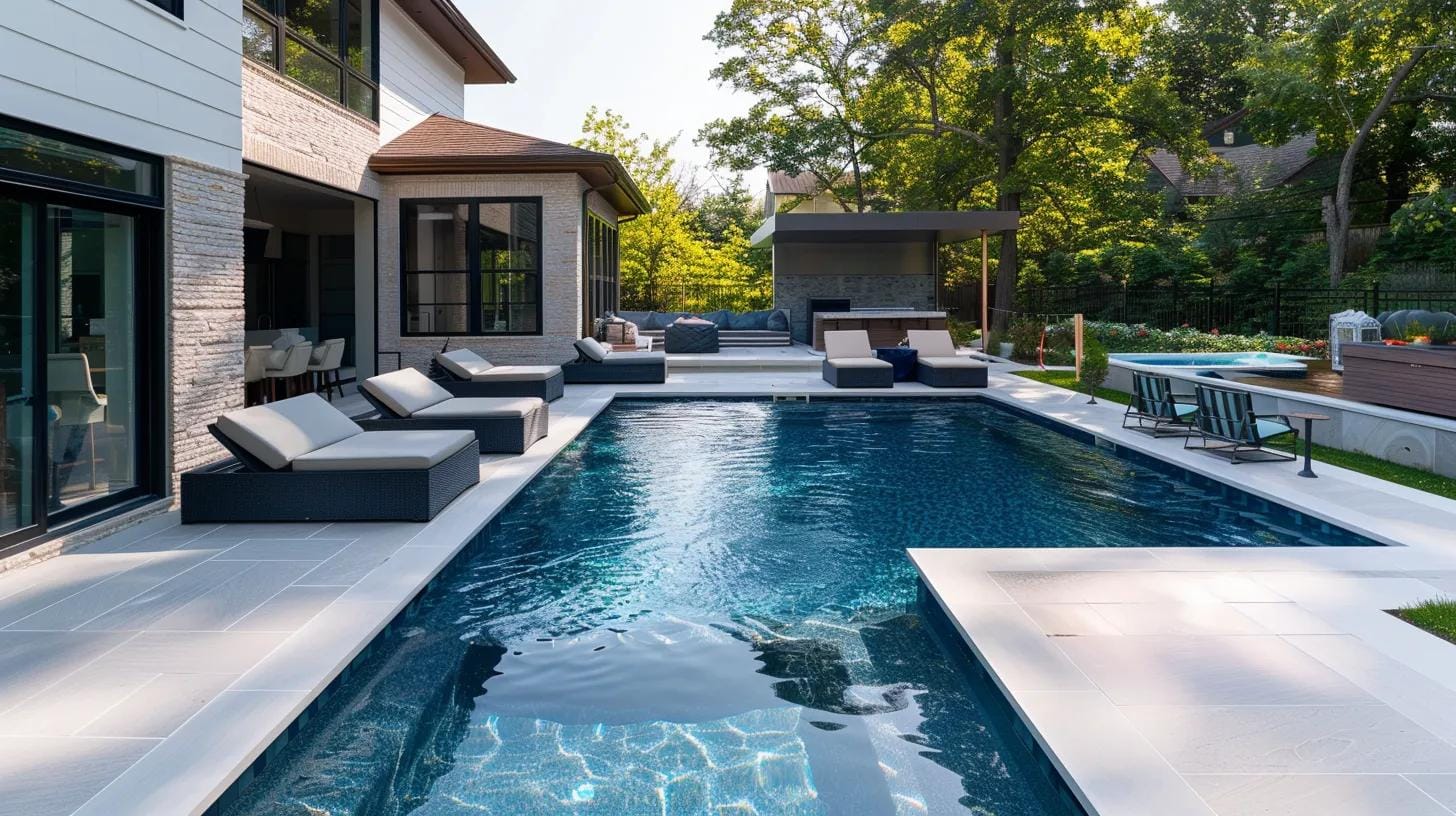 Modern backyard with a rectangular pool, multiple lounge chairs, outdoor seating areas, and lush trees in the background.
