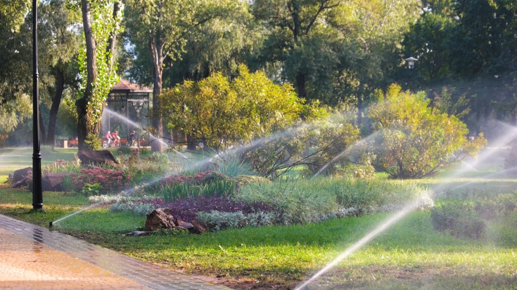Pouring grass and flowers by irrigation water system.