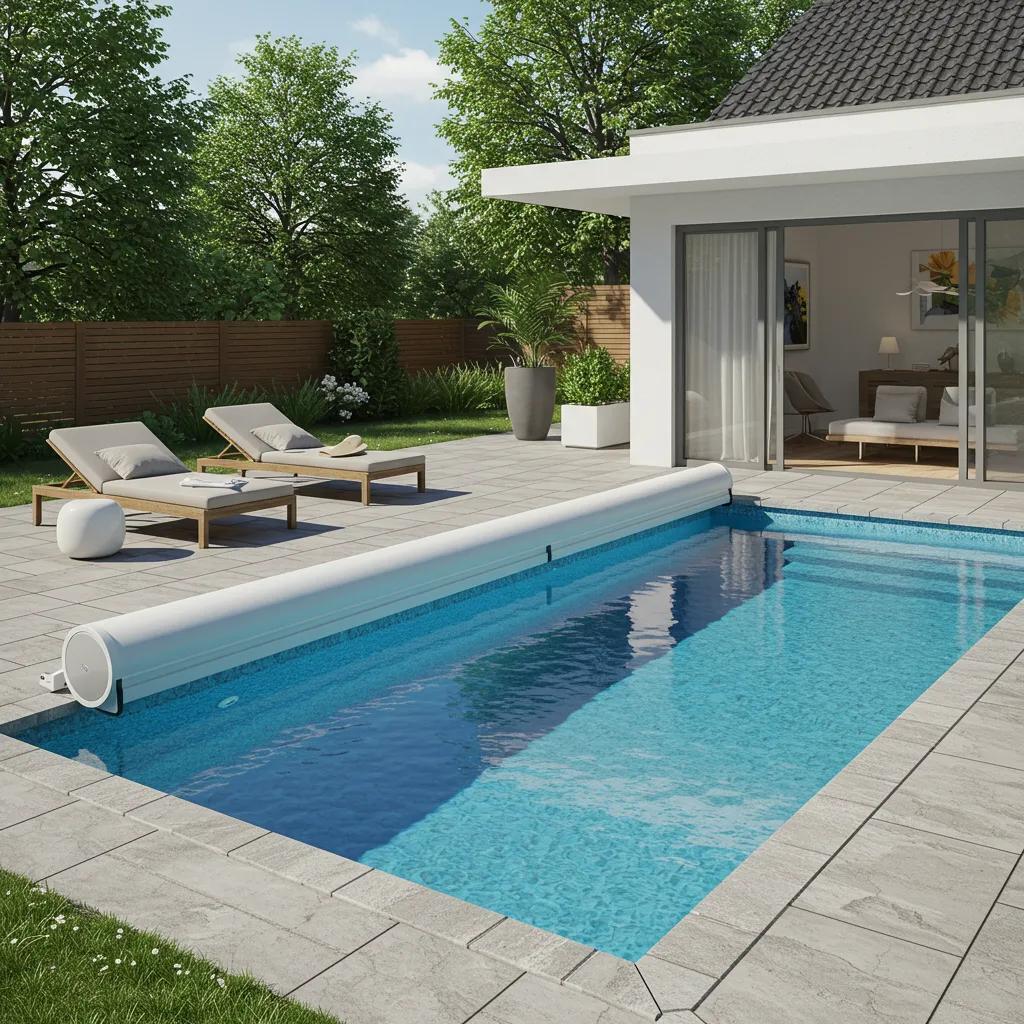 An automatic pool cover smoothly retracting over a contemporary swimming pool, showcasing its convenience and efficiency.