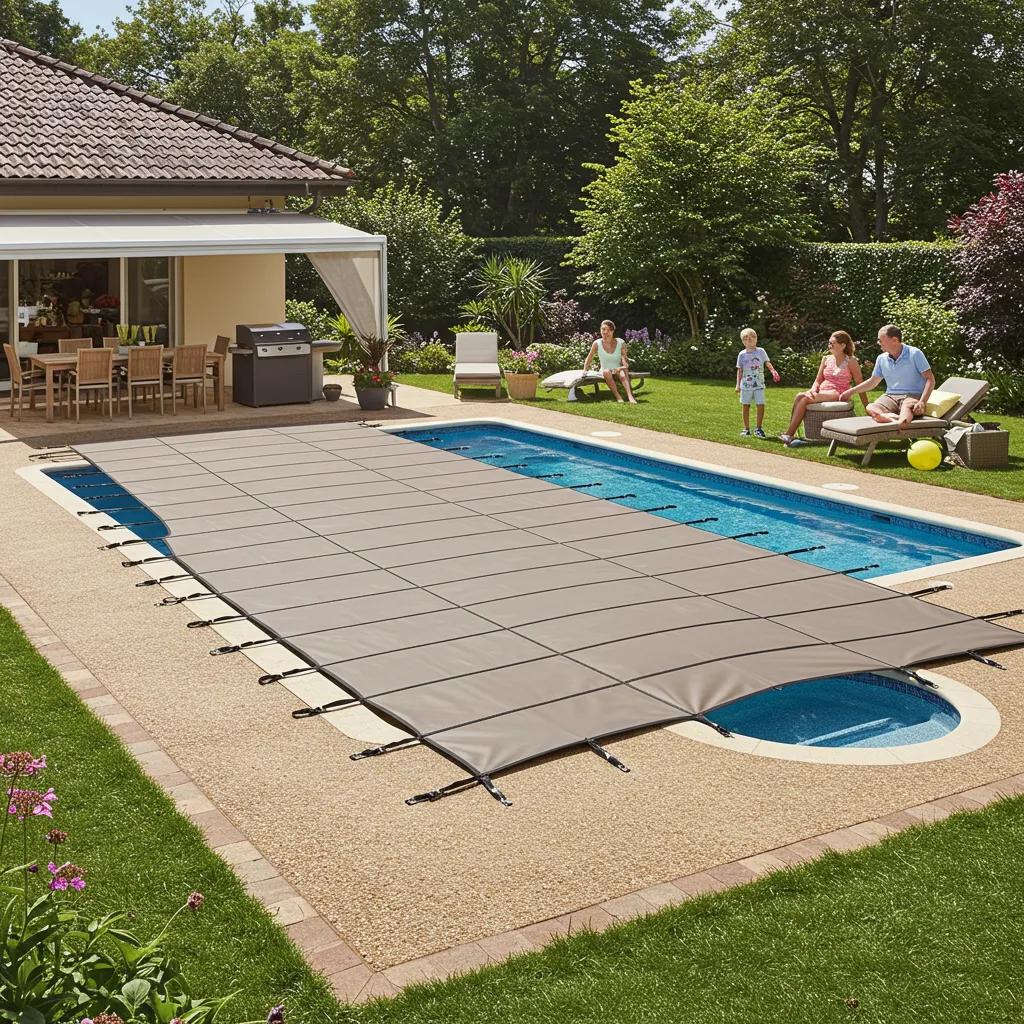 Backyard pool with a stylish cover, showcasing the benefits of pool covers for homeowners