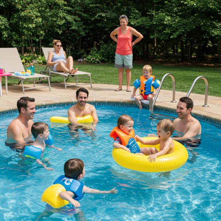 Family enjoying safe swimming practices around a residential pool
