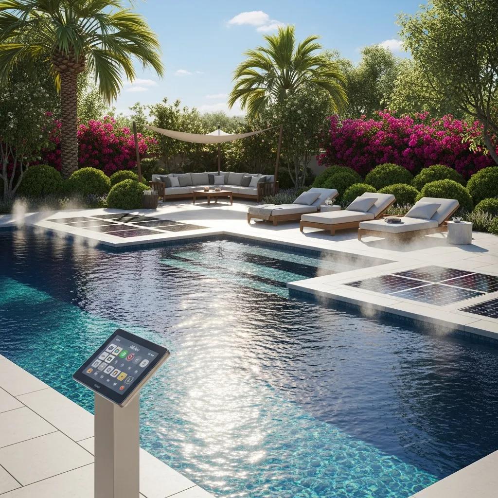 Modern luxury pool with smart technology features in a lush outdoor setting