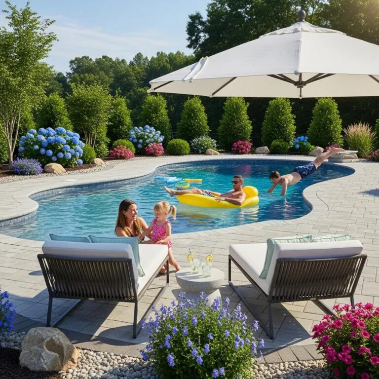 New inground pool in a Dawsonville backyard with family enjoying the space