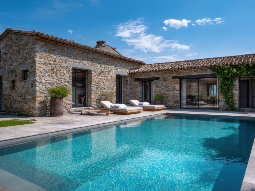 Stone villa with terracotta roof, large windows, poolside loungers, and a clear swimming pool under a sunny blue sky—showcasing the latest in pool trends for luxurious outdoor living.