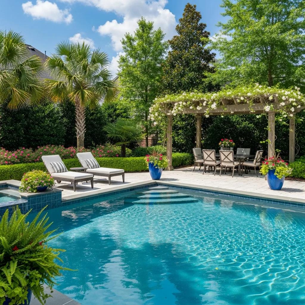 Beautiful residential swimming pool in Atlanta backyard with lush greenery and sunny sky