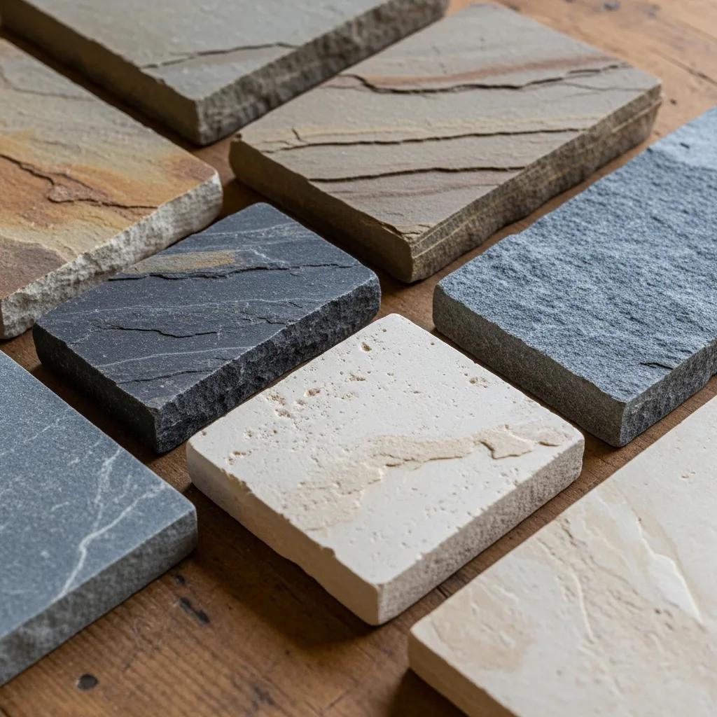 Close-up of flagstone, bluestone, and limestone showcasing their textures and colors for patio designs