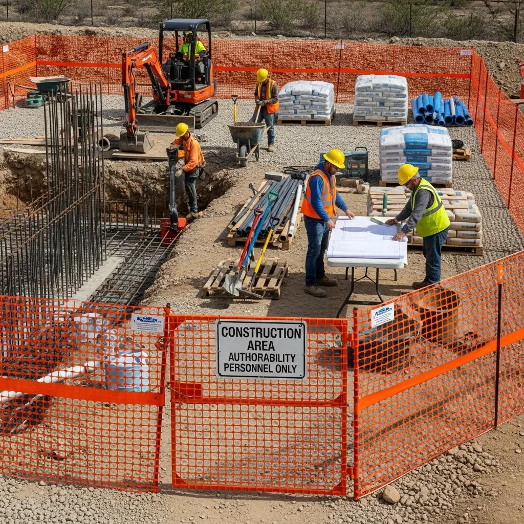 Construction site of a swimming pool with safety fencing and workers implementing regulations