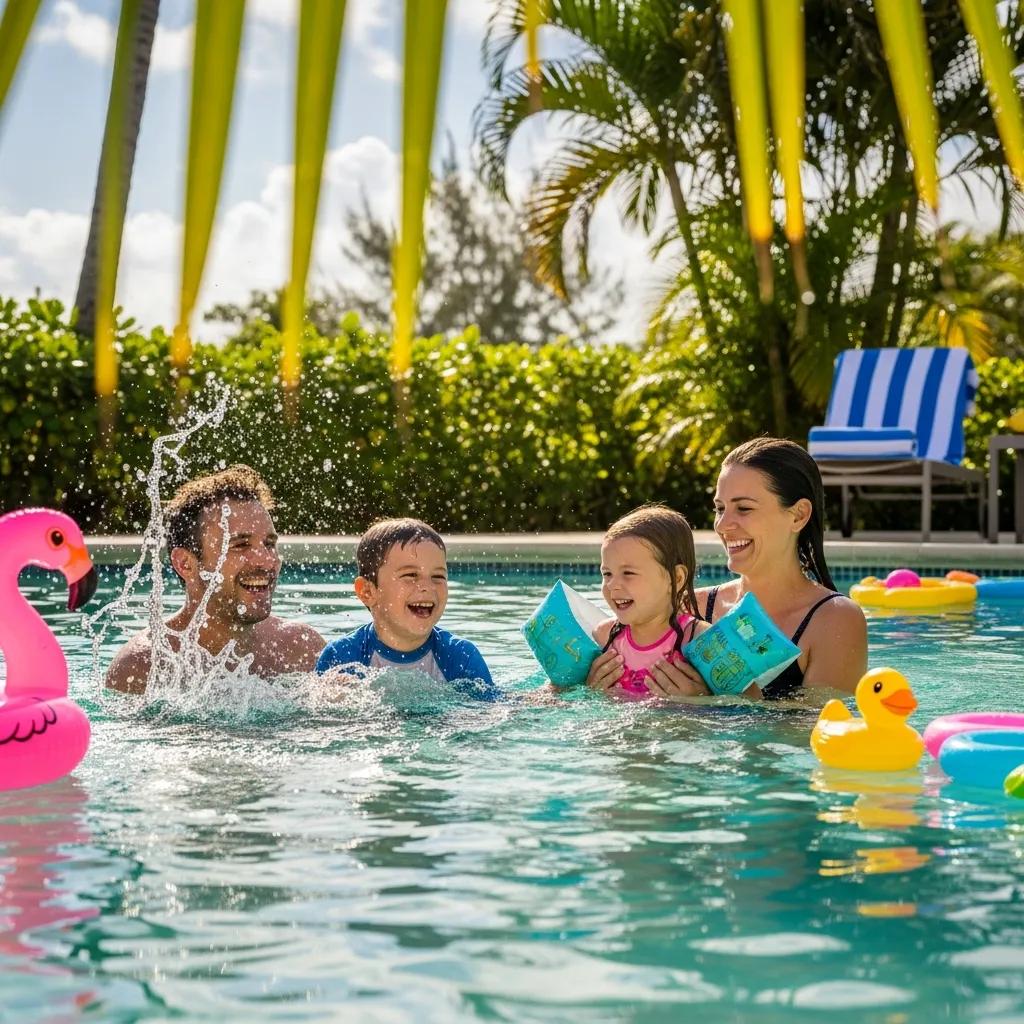 Family enjoying a refreshing swim in a saltwater pool, highlighting comfort and joy