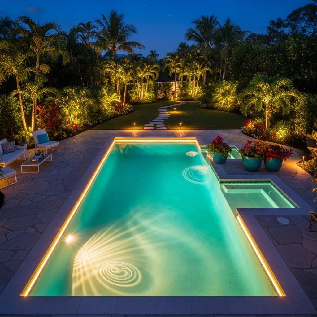 Integrated LED pool and landscape lighting creating a harmonious outdoor ambiance at night