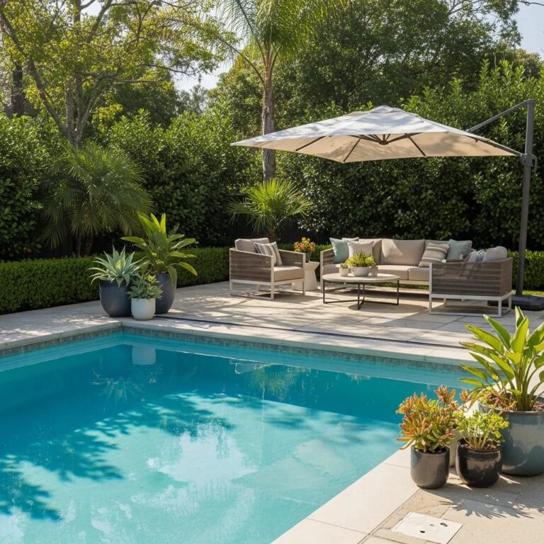 Luxurious saltwater pool in a lush backyard setting, showcasing eco-friendly outdoor living