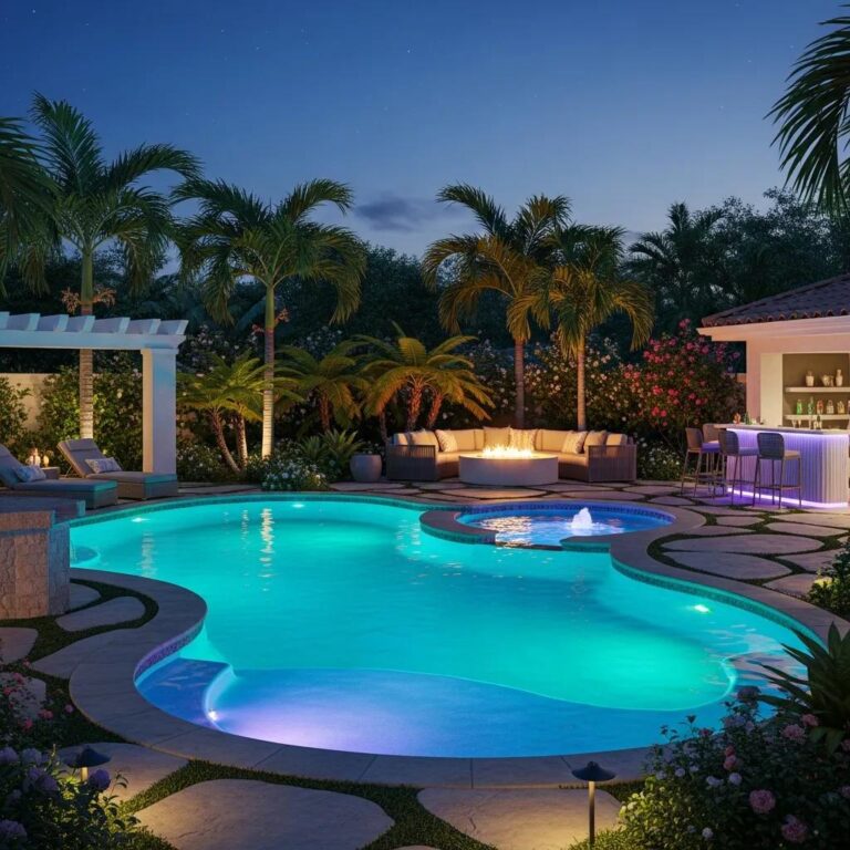 Modern LED pool lighting enhancing an outdoor space with vibrant colors and inviting ambiance