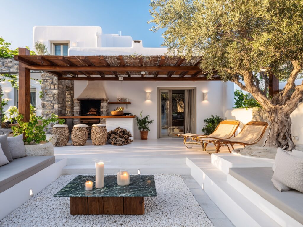 Outdoor patio with white seating, a marble table with candles, lounge chairs, a pergola, a built-in fireplace, stacked firewood, and a large tree in a Mediterranean-style setting enhanced by natural stone patios.