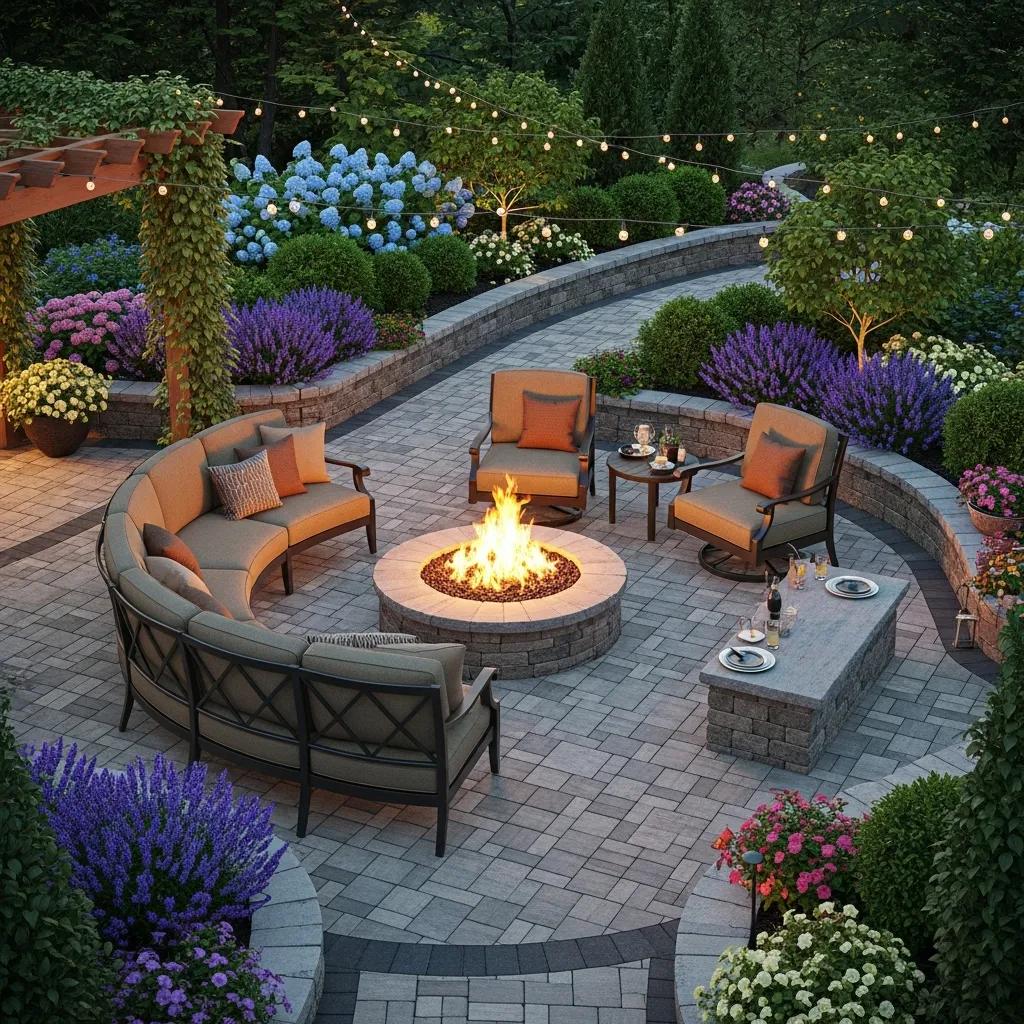 Well-designed natural stone patio with fire pit and seating, integrated with beautiful landscaping