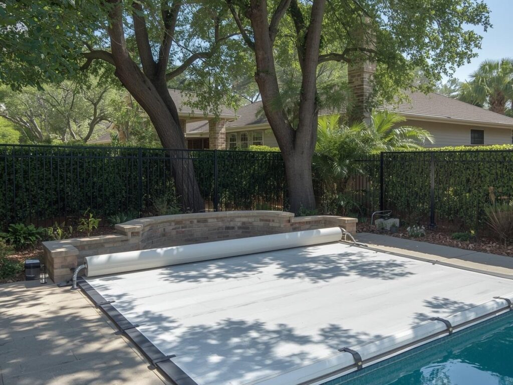 A backyard swimming pool with a white pool cover partially rolled out, surrounded by trees, plants, and a black metal fence.