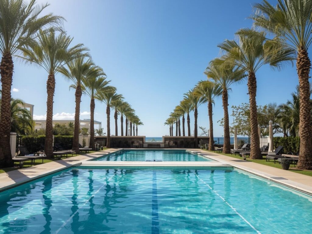 Outdoor swimming pool lined with tall palm trees on both sides, lounge chairs nearby, and a clear blue sky above—plus convenient pool covers to keep the water pristine.
