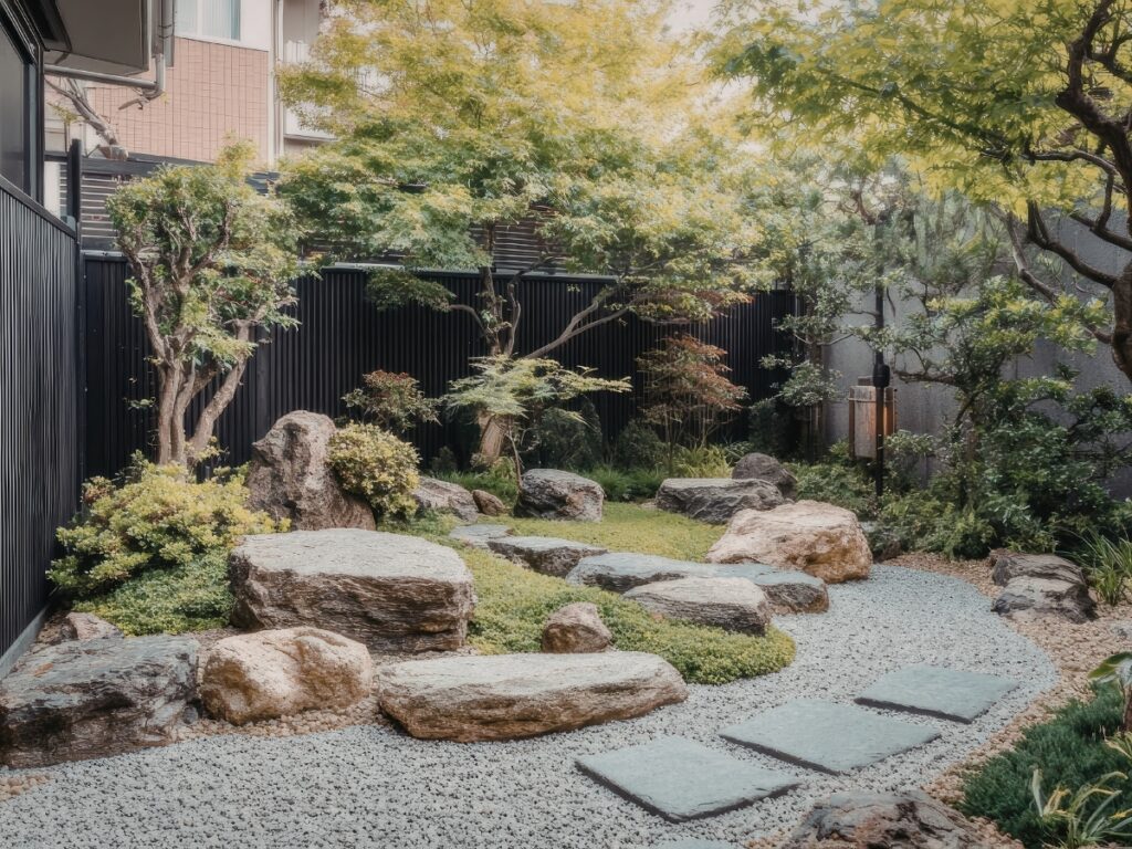 A landscaped zen garden with large rocks, gravel paths, green shrubs, and trees, enclosed by a black fence and shaded by foliage.