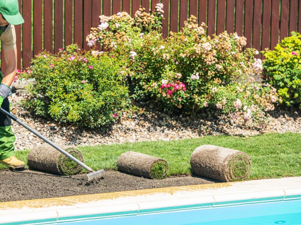 Person rakes soil next to a pool while rolls of sod are laid out, creating a low maintenance landscaping look amid flowering bushes and a wooden fence in the background.