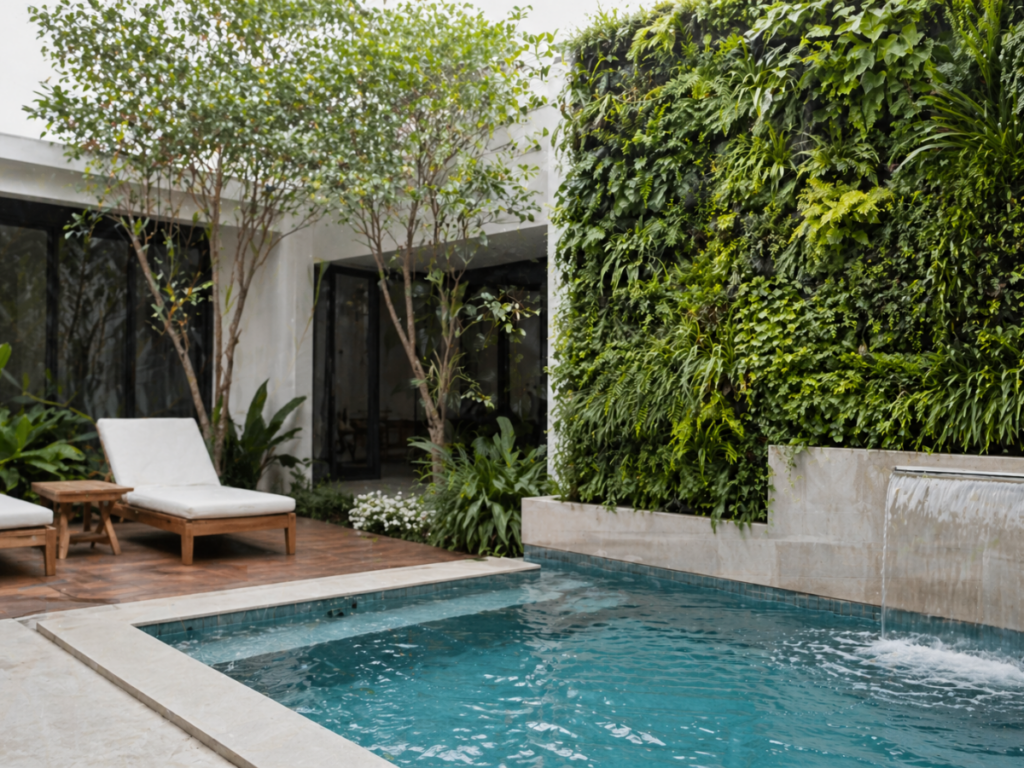 A small pool with a waterfall feature, surrounded by lush vertical gardens and lounge chairs on a wooden deck in a modern courtyard.