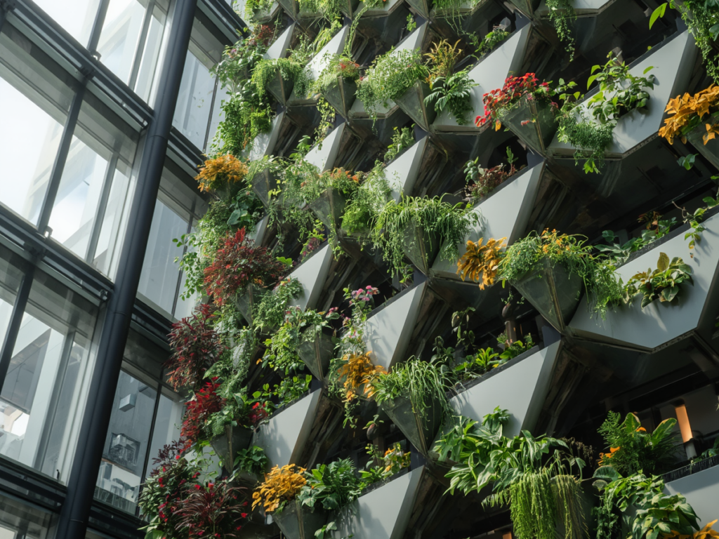 A building facade featuring multiple angled planters filled with various green and flowering plants, beautifully showcasing innovative vertical gardens.