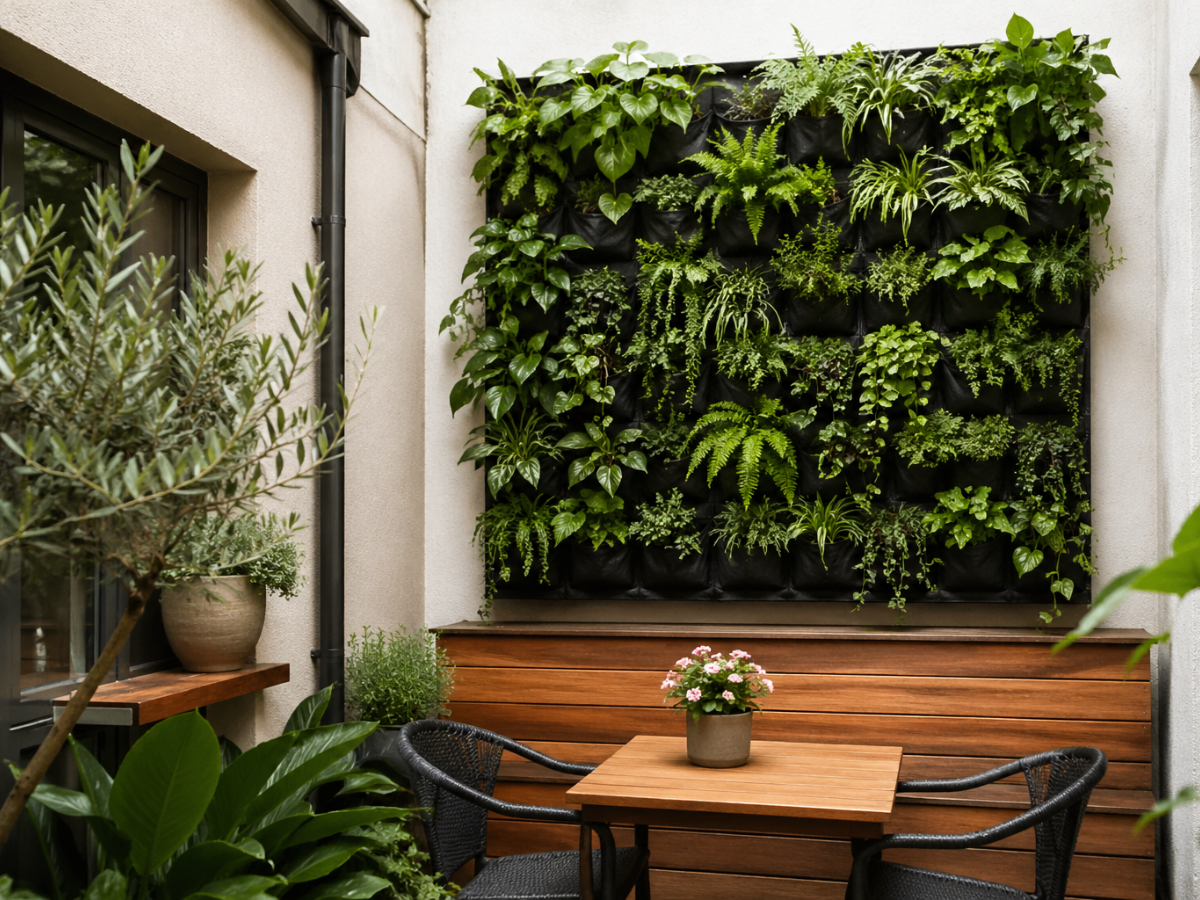 Small patio with a wooden table, two chairs, potted plants, and elegant vertical gardens of lush green plants mounted on a white wall.